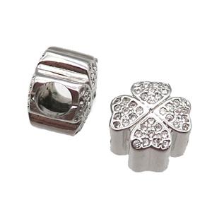 European Style copper clover beads paved zircon, platinum plated, approx 10-12mm, 5mm hole [FN14030]
