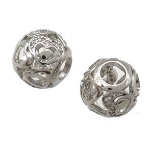 European Style copper round beads paved zircon, hollow, platinum plated, approx 10-12mm, 5mm hole [FN14034]