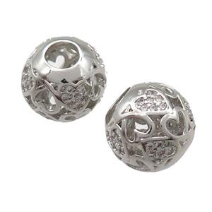 European Style copper round beads paved zircon, platinum plated, approx 10-12mm, 5mm hole [FN14035]