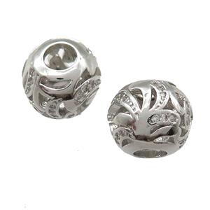 European Style copper round beads paved zircon, platinum plated, approx 10-12mm, 5mm hole [FN14036]