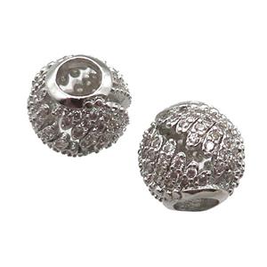 European Style copper round beads paved zircon, platinum plated, approx 10-12mm, 5mm hole [FN14037]
