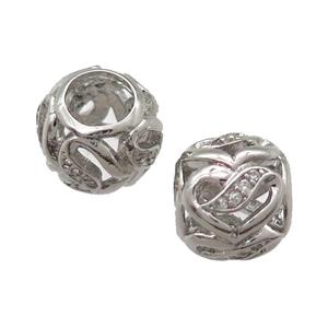 European Style copper round beads paved zircon, platinum plated, approx 10-12mm, 5mm hole [FN14038]