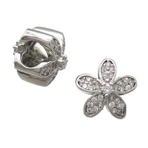European Style copper flower beads paved zircon, platinum plated, approx 10-12mm, 5mm hole [FN14039]