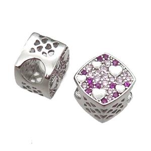 European Style copper square beads paved zircon, platinum plated, approx 10-12mm, 5mm hole [FN14042]