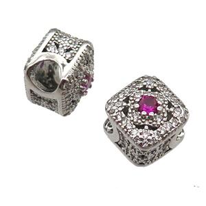 European Style copper square beads paved zircon, platinum plated, approx 10-12mm, 5mm hole [FN14044]