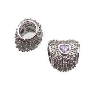 European Style copper heart beads paved zircon, large hole, platinum plated, approx 10-12mm, 5mm hole [FN14047]