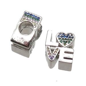 European Style copper LOVE beads paved zircon, platinum plated, approx 10-12mm, 5mm hole [FN14052]