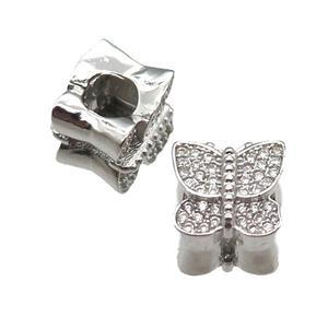 European Style copper butterfly beads paved zircon, platinum plated, approx 10-12mm, 5mm hole [FN14055]