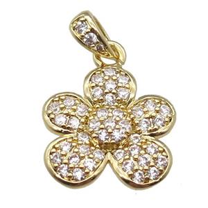 copper flower pendant paved zircon, gold plated, approx 16mm dia [FN14086]