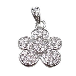 copper flower pendant paved zircon, platinum plated, approx 16mm dia [FN14087]