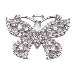 copper butterfly pendant paved zircon, platinum plated, approx 18-24mm [FN14120]