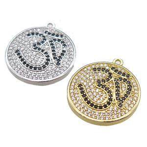 copper circle pendant paved zircon with Om symbol, mixed color, approx 22mm dia [FN14135]