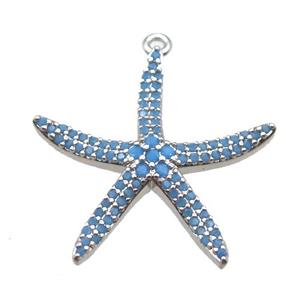 copper starfish pendant paved zircon, turq, platinum plated, approx 24mm [FN14145]