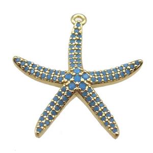 copper starfish pendant paved zircon, turq, gold plated, approx 24mm [FN14146]