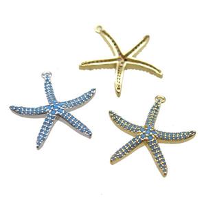 copper starfish pendant paved zircon, turq, mixed color, approx 24mm [FN14147]