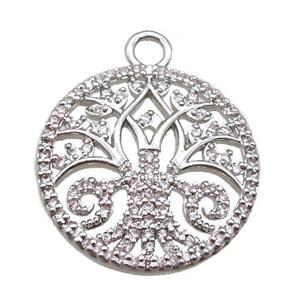 copper circle pendant paved zircon, platinum plated, approx 21mm dia [FN14154]