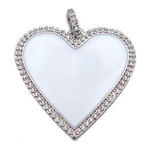 copper heart pendant paved zircon, enameling, platinum plated, approx 30mm [FN14163]