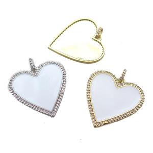 copper heart pendant paved zircon, white enameling, mixed color, approx 30mm [FN14165]