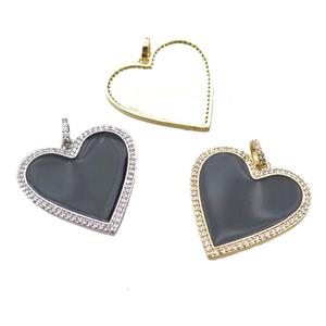 copper heart pendant paved zircon, black enameling, mixed color, approx 30mm [FN14168]