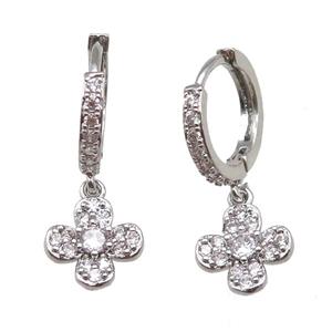 copper hoop Earring paved zircon with clover, platinum plated, approx 10mm, 14mm dia [FN14187]