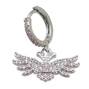 copper hoop Earring paved zircon with angel wing, platinum plated, approx 12-22mm, 14mm dia [FN14189]