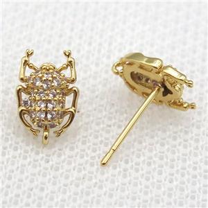 copper Studs Earring paved zircon with beetle, gold plated, approx 7-10mm [FN14192]