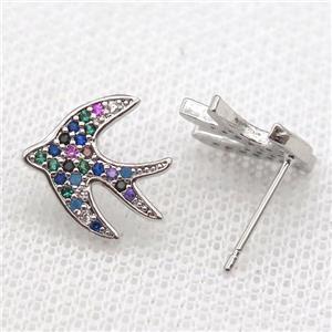 copper Studs Earring paved zircon with swallow, platinum plated, approx 13mm [FN14193]
