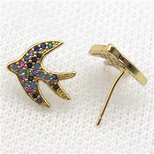 copper Studs Earring paved zircon with swallow, gold plated, approx 13mm [FN14194]