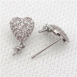 copper Studs Earring paved zircon, heart, platinum plated, approx 9mm [FN14197]