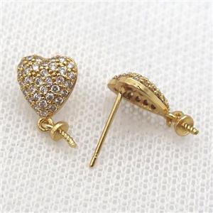 copper Studs Earring paved zircon, heart, gold plated, approx 9mm [FN14198]