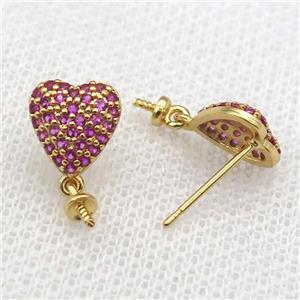 copper Studs Earring paved zircon, heart, gold plated, approx 9mm [FN14200]