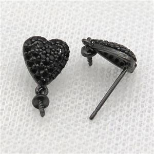 copper Studs Earring paved zircon, heart, black plated, approx 9mm [FN14201]