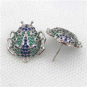 copper Studs Earring paved zircon, beetle, platinum plated, approx 20mm [FN14204]