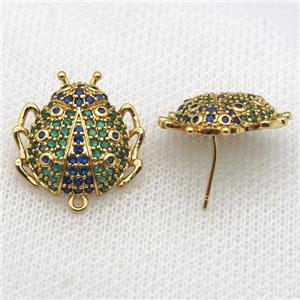 copper Studs Earring paved zircon, beetle, gold plated, approx 20mm [FN14205]