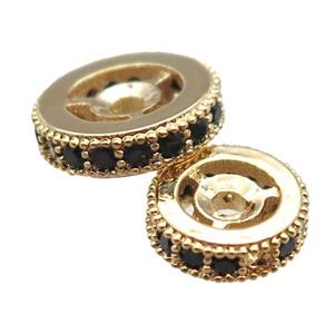 copper spacer beads paved black zircon, heishi, gold plated, approx 10mm dia [FN14230-10MM]