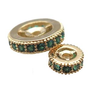 copper spacer beads paved green zircon, heishi, gold plated, approx 6mm dia [FN14240-6MM]