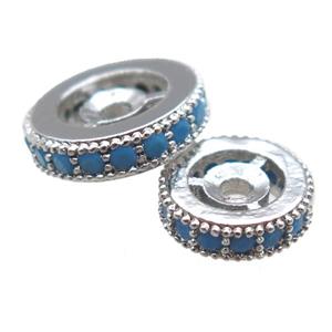 copper spacer beads paved zircon, heishi, truq, platinum plated, approx 8mm dia [FN14244-8MM]
