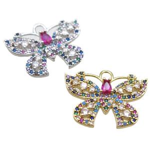 copper butterfly pendant paved zircon, mixed color, approx 20-24mm [FN14256]