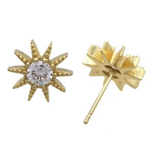 copper studs Earrings paved zircon, gold plated, approx 12mm dia [FN14293]