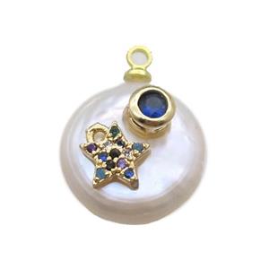 natural pearl pendant paved zircon, approx 14mm dia [FN14300]