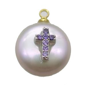 natural pearl pendant paved zircon, approx 14mm dia [FN14304]