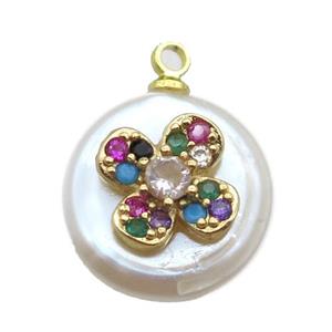 natural pearl pendant paved zircon, approx 14mm dia [FN14307]