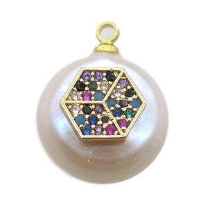 natural pearl pendant paved zircon, approx 14mm dia [FN14308]