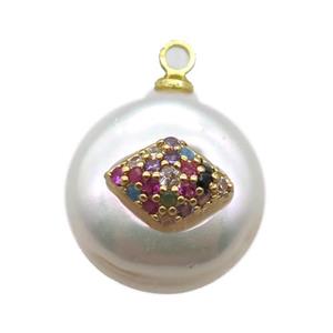 natural pearl pendant paved zircon, approx 14mm dia [FN14314]