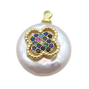 natural pearl pendant paved zircon, approx 14mm dia [FN14316]