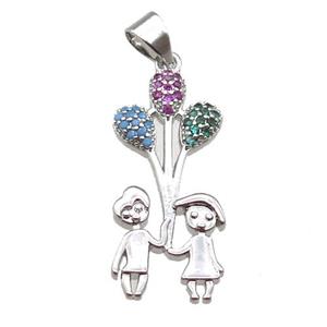copper couple pendant paved zircon, platinum plated, approx 12-26mm [FN14446]