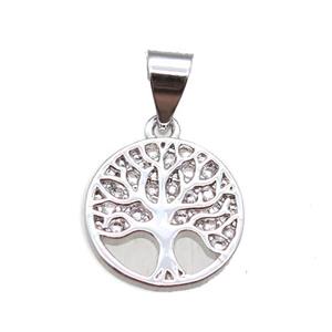 copper pendant paved zircon, tree of life, platinum plated, approx 11.5mm [FN14450]