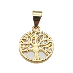 copper pendant paved zircon, tree of life, gold plated, approx 11.5mm [FN14451]