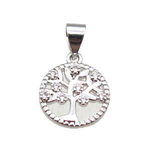 copper pendant paved zircon, tree of life, platinum plated, approx 11.5mm [FN14453]