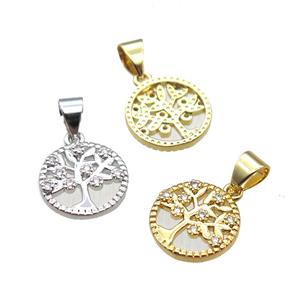 copper pendant paved zircon, tree of life, mixed color, approx 11.5mm [FN14455]